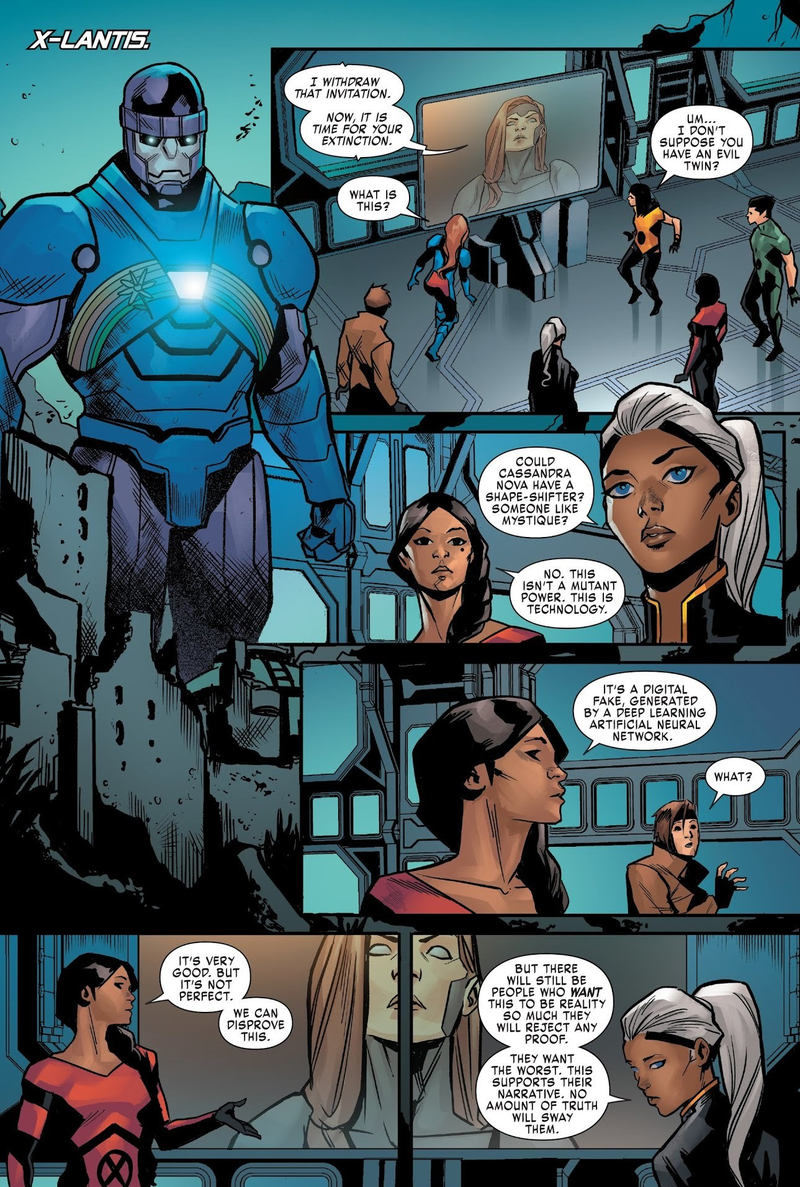 Trinary and Storm discussing the fallout of Cassandra’s attack.